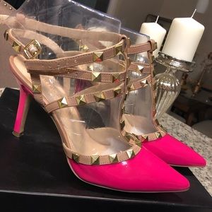 BCBG rock stud heels in patent pink leather
